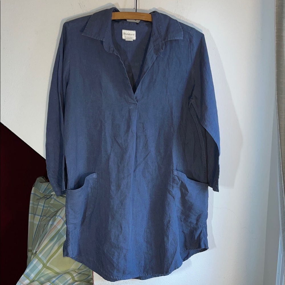 Petaluma Slate Blue Women's 100%Linen Tunic with Pockets S‎